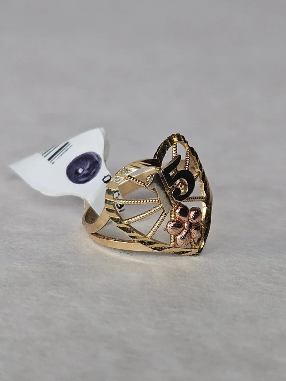 10K Tri-Color 3 Tone Gold Quinceneara 15 Anos Heart Ring Size 5.75